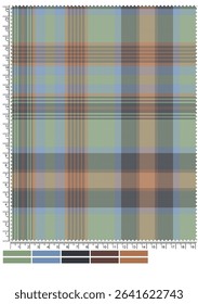 A fabric swatch featuring a plaid pattern in muted blues, greens, oranges, and browns, complete with measurement markings and color samples.