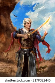 A Fabulous Arab Prince Stands In The Desert Against A Blue Sky. In His Hands He Holds A Magic Saber, And On His Head He Has A Turban Decorated With Gold, A Red Cloak Fluttering In The Wind. 2d Art