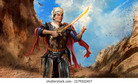 A Fabulous Arab Prince Stands In The Desert Against A Blue Sky. In His Hands He Holds A Magic Saber, And On His Head He Has A Turban Decorated With Gold, A Red Cloak Fluttering In The Wind. 2d Art