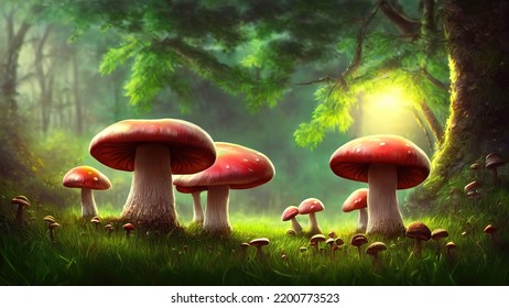 Fabulous big mushrooms in magical forest  Fantasy Mushrooms  illustration for the book cover  Amazing landscape nature  3d illustration
