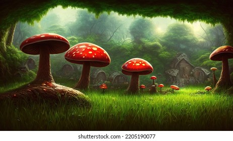 Fabulous big mushrooms in magical forest  Fantasy Mushrooms  illustration for the book cover  Amazing landscape nature  3d illustration
