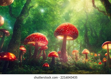 Fabulous big mushrooms in magical forest  Fantasy Mushrooms  3D render  Raster illustration