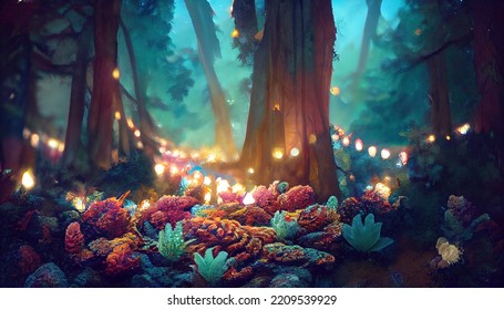 Fabulous Flower Meadow In Night Enchanted Forest. Beautiful Nature Scene With Tree Trunk, Plants Blossom And Glowing Lantern. Evening Enchanted Woodland. Shallow Depth Of Field