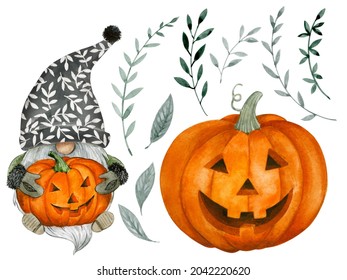 A fabulous Halloween gnome in a set with twigs and a pumpkin. Watercolor illustration for Halloween.