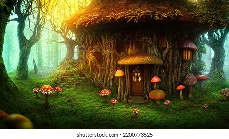 Fabulous house inside mushrooms in magical forest  Fantasy Mushrooms  illustration for the book cover  Amazing landscape nature  3d illustration