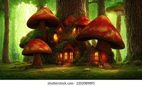 Fabulous house inside mushrooms in magical forest  Fantasy Mushrooms  illustration for the book cover  Amazing landscape nature  3d illustration