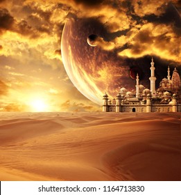 A fabulous lost city in the desert. On beautiful sunset sky background with planets. Element of this image furnished by NASA - Powered by Shutterstock