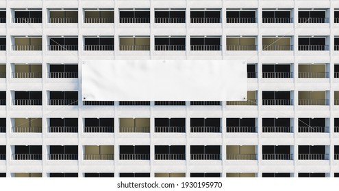 Facade Of A Building Full Of Balconies With A Giant Blank Banner Hanging. Mockup. 3d Rendering