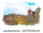 Facade of colorful tenement houses at Old Market Square, Wroclaw, Poland, watercolor sketch illustration.