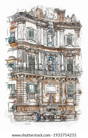 Facade of an old baroque building on the Piazza Vigliena (Quattro Canti) , a Baroque square in Palermo, Sicily, southern Italy, watercolor sketch illustration.