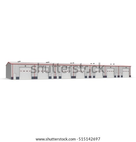 Facade of storage warehouse with closed gate isolated on white. 3D illustration