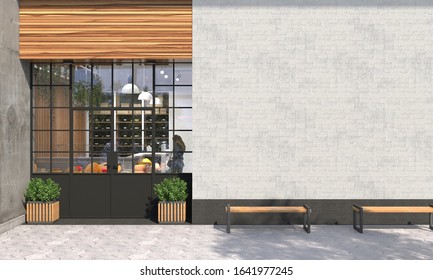 The Facade Of A Store Or Cafe With An Entrance Group And Blank Wall In Front View. Free Space For Signage, Advertising Banners And Posters. Exterior And Architecture Design. 3D Render