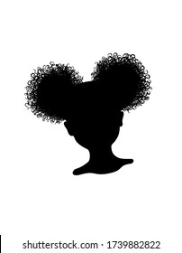 Face of African American black little girl with two puffs pony tail hair on her head.Afro hairstyles silhouette illustration.
