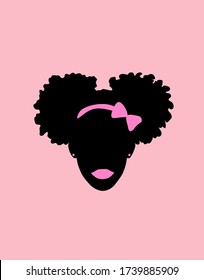 Face of African American black little girl with two puffs pony tail hair on her head and pink ribbon bow,stud earrings ,beads and lips.Afro hairstyles isolated silhouette illustration.