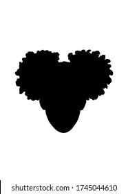 Face Of African American Black Little Girl With Two Puffs Pony Tail Hair On Her Head. Afro Hairstyles Isolated Silhouette Illustration.Print For T Shirt.Sticker.