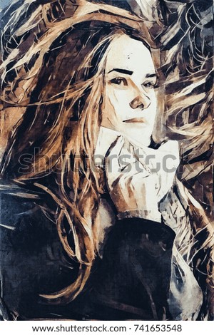 A face beautiful and young girl. There are hands in a magical mysterious way. Executed in oil on canvas in the style of modern abstraction.