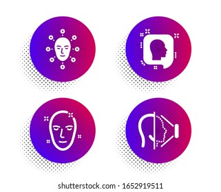 Face Biometrics, Head And Health Skin Icons Simple Set. Halftone Dots Button. Face Id Sign. Facial Recognition, Profile Messages, Phone Scanning. Healthcare Set.