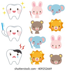 Face Of Cute Animals And Brushing Teeth