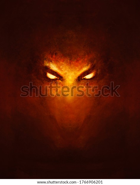 the face of a demon with glowing eyes, in the\
dark - a painting