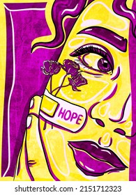 The Face Of A Girl With A Plaster On Her Cheek And The Inscription Hope. Concept Of Hope, Better Future, Inspiration And Motivation. Women Empowerment. Abstract Modern Woman Portrait In Yellow, Violet