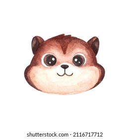 Face Or Head Of Cute Hamster Or Chipmunk. Funny Rodent Isolated On White Background. Watercolor Illustration In Cartoon Style For Kids