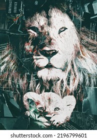 The Face Of Lion Paper Collage Art Effects. Lion With Her Baby Digital Art.