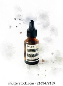 Face Oil Watercolor Illustration. Skin Care Serum In A Brown Bottle With Dropper. Beauty Product Painting. Hand Drawn Aesop Cosmetic Item Isolated On White Background