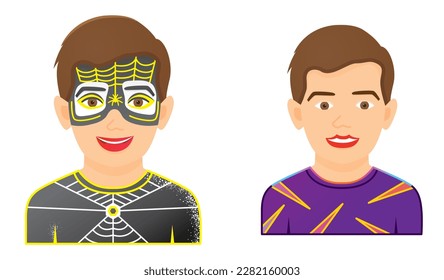 Face Painting Icon and Boy and Spider Painting   Purple T  Shirt  Isolated White Background  Funny Kid Face 