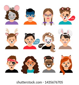 Face painting kids. Children with painting faces illustration, facing paintings like fox, tiger and cat masks makeup - Powered by Shutterstock