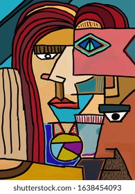 The face of the person based on the paintings of Picasso. The painting is executed on paper with ink and with elements of watercolor painting. Primitivism in modern abstract style.