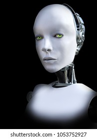 Face Portrait Of A Female Robot, 3D Rendering. Black Background.