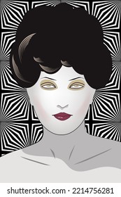 The Face Of A Pretty Woman Appears Before An Op Art Background.