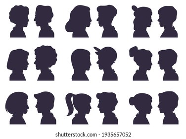 Face Profile Silhouettes. Male And Female Heads Silhouettes, Woman And Man Avatar Portraits Flat  Illustration Set. People Anonymous Face Silhouette