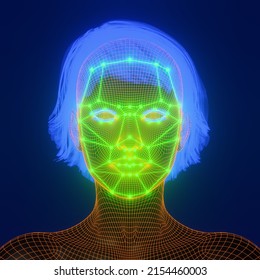 Face Recognition Mask And 3D Face With Wire Glow Effect, AI Technology Key Points, 3D Rendering