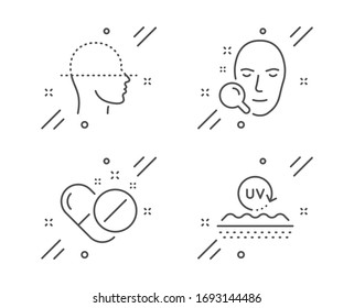 Face Search, Medical Pills And Face Scanning Line Icons Set. Uv Protection Sign. Find User, Drugs, Faces Detection. Skin Cream. Healthcare Set. Line Face Search Outline Icon.