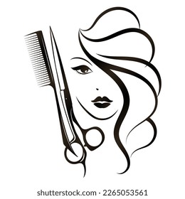 Face silhouette of a beautiful girl with curls of hair. Scissors and comb stylist. Design for hair care hair salon - Powered by Shutterstock