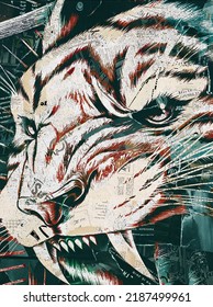 The Face Of Tiger Paper Collage Art.