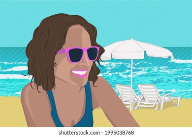 Face of a woman on the beach next to some deckchairs and an umbrella.