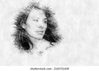 Face Of Young Woman In Pencil Drawing Style