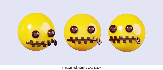 Face And Zipped Mouth Emoticon Isolated On White Background. Emoji Icon And Emoticon Faces Concept. 3D Render Illustration 