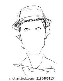 Faceless Man. Man In Hat Portrait Without Face Features, Lineart.