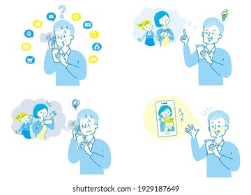 Facial expression set of an elderly man talking to his daughter and grandchildren on his smartphone