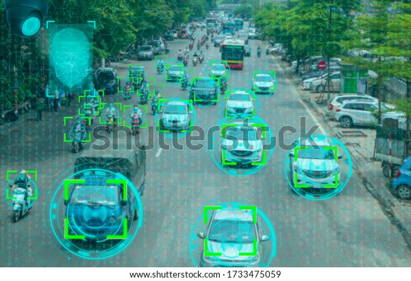 Facial recognition system, concept,\
identification of people on city roads moving in cars and\
motorbikes, speed control of cars in the city, 3d\
rendering