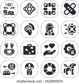 Facilitate 16 Filled Icon Set With Delivery, Suitcase With Stickers, Briefcases, Hearing Aid, Love, Injury, Lifebuoy, Lifeguard, Customer Service Agent, Guide Dog