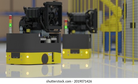 Factory 4.0 Concept: The AGV (Automated Guided Vehicle) Is Carrying Engine In Smart Factory. 3D Illustration