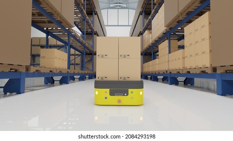 Factory 4.0 Concept: The AGV (Automated Guided Vehicle) Is Carrying Parts In Smart Factory. 3D Illustration