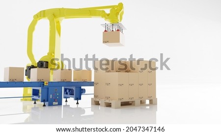 Factory 4.0 concept: the palletizing robot is arranging cartons to pallet on white back ground. 3D illustration