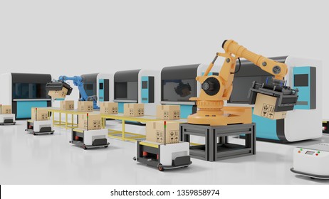 Fabrikautomatisierung mit AGVs, 3D-Druckern und Roboterarm,3D-Rendering