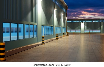 Factory Building. Two Hangars On Territory Of Factory At Night. Factory Building At Sunset. Facades Of Buildings Are Illuminated By Evening Illumination. Industrial Zone Without People. 3d Rendering.