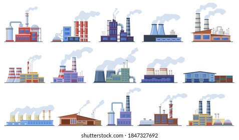 Factory buildings. Industry warehouse and power station, manufacturing factory building architecture exterior  illustration icons set. Chimney with smoke, air environment pollution